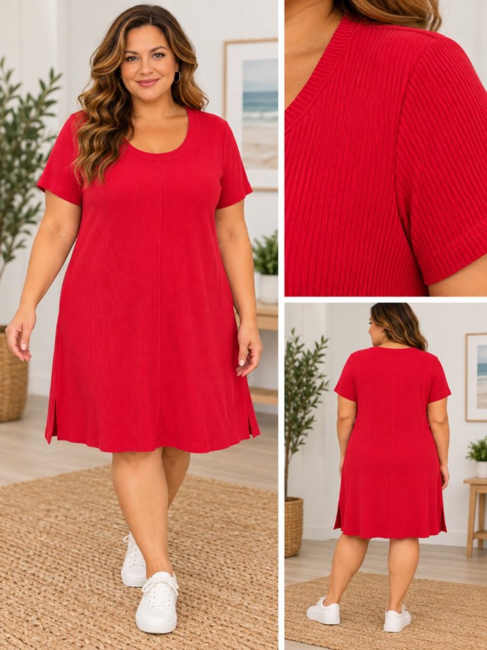 Woolx Harlowe Merino Wool Ribbed Midi Dress Red XL Pockets NWT